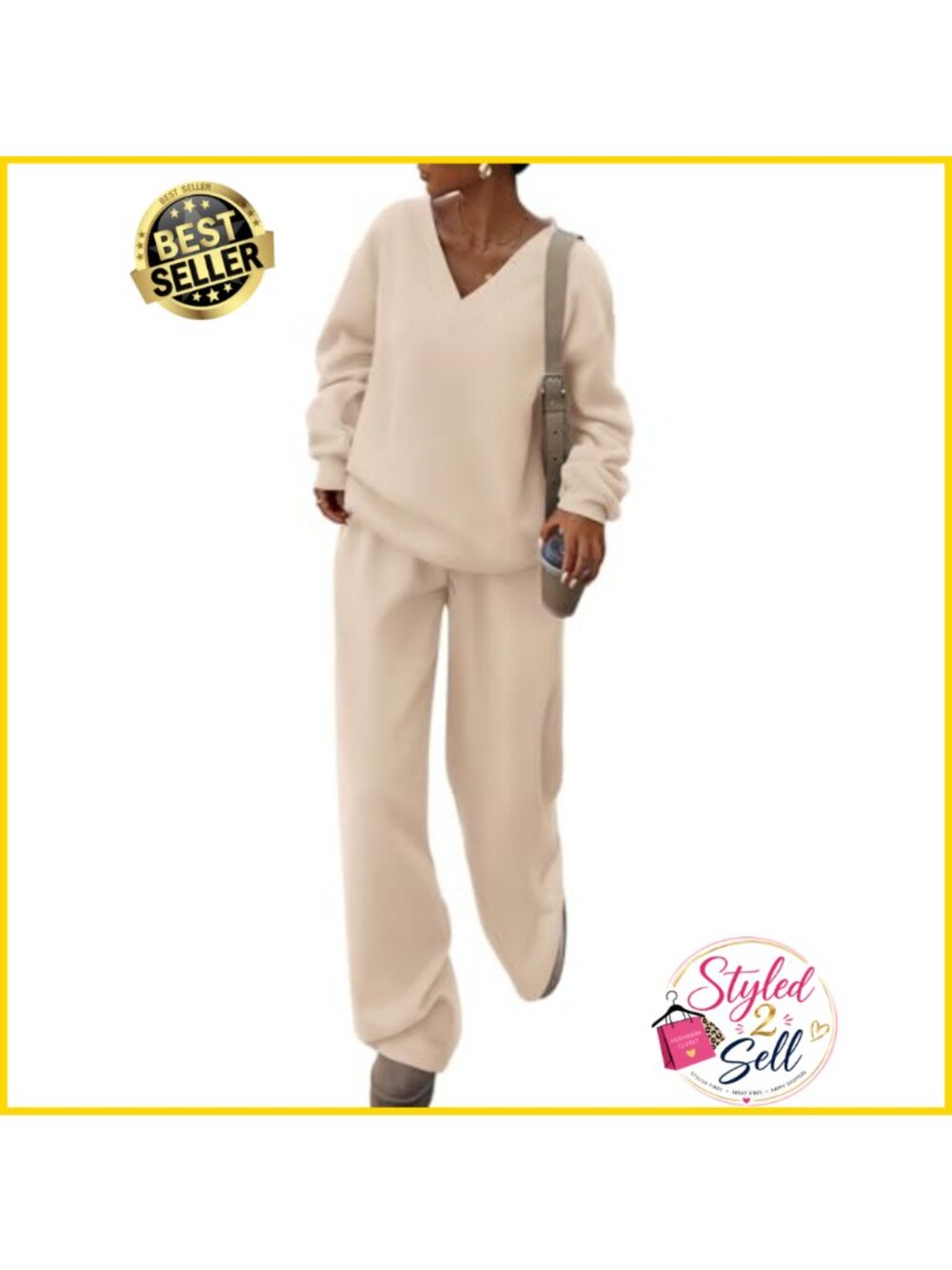 2 Piece Sweatsuit Set V Neck Pullover Wide Leg Sweatpants Loose Fit